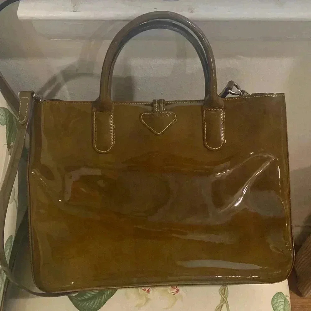 LONGCHAMP Brown Tortoise Patent Leather Large Roseau Toggle Tote - Picture 4 of 14